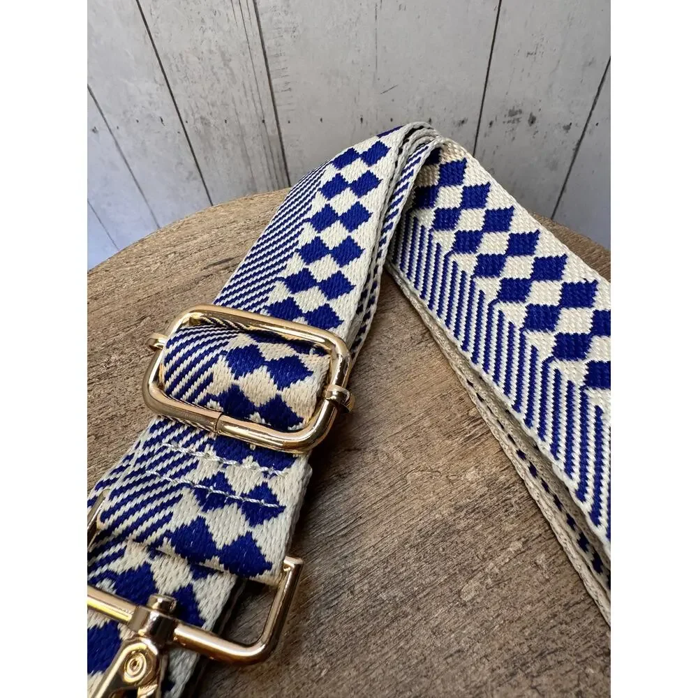 White Blue Checkered Purse Strap Wide Bag Strap Boho Crossbody Purse Strap